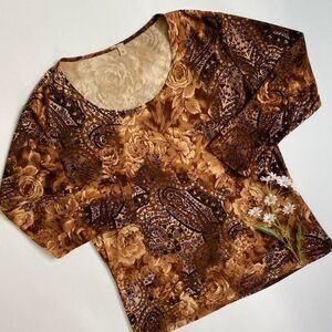 Vintage y2k brown boho whimsical earthy floral paisley 3/4 sleeve top size M